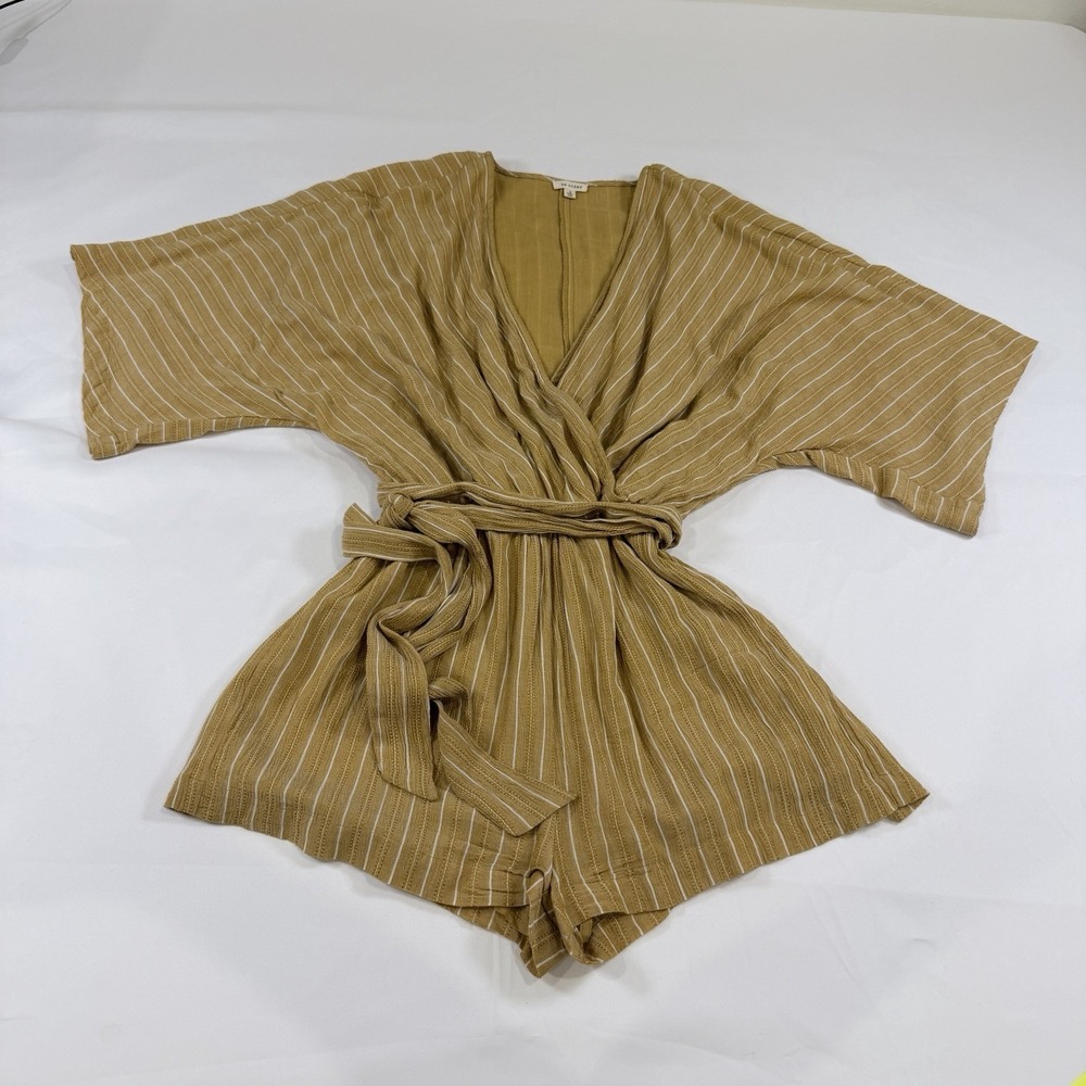En Crème Gauze Stripe Kimono Sleeve Romper Waist‎ Tie Belt Gold Bohemian  Beach